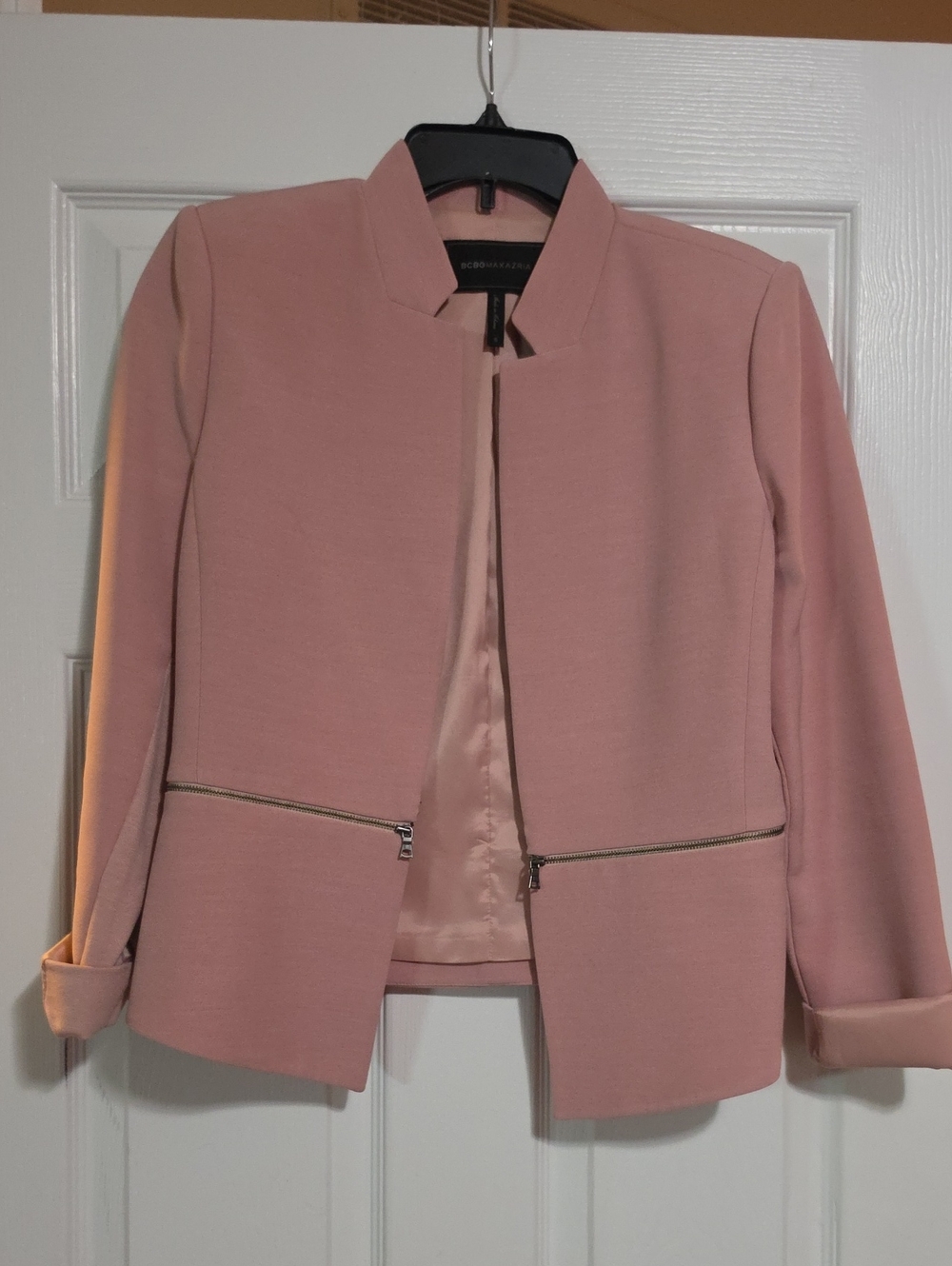 BCBGMaxAzria Blush Pink Zip-Accent Collarless Blazer